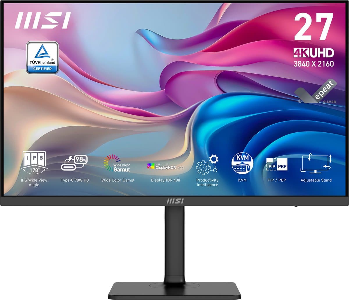 MSI Modern MD272UPHG - 4K UHD Monitor - 60Hz - 27 Inch - HDR 400 - KVM Switch - USB Type-C PD 98W - 4 Way Adjustable — afbeelding 1