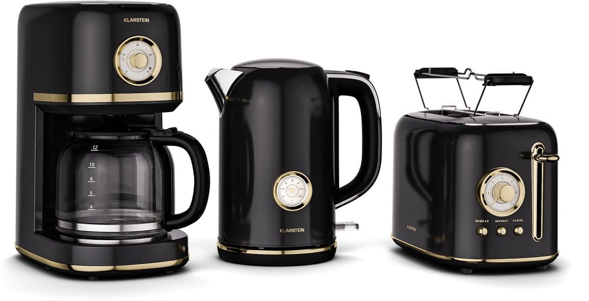 Klarstein Victoria ontbijtset – broodrooster voor 2 sneetjes met 7 bruiningsstanden, waterkoker van 1,7 liter, filterkoffiezetapparaat voor 12 kopjes, roestvrij staal, retro design, broodjesrek, warmhoudfunctie, zwart — afbeelding 1