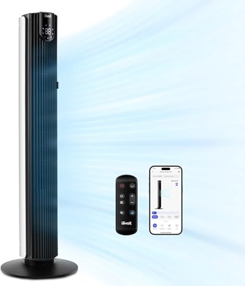 Stille Wifi Zuilventilator voor Grote Ruimtes – 25 dB, 108 cm, Bedienbaar via App, 12 Windsnelheden, Draaibaar en Verstelbaar — afbeelding 1