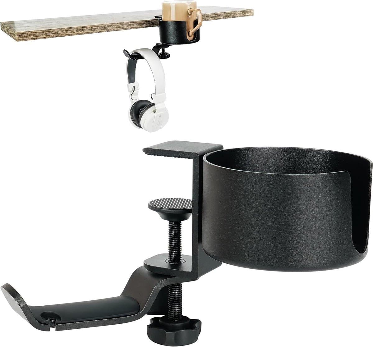 Allecto plus - Multifunctionele Bureau Bekerhouder en Hoofdtelefoon Standaard - 360° Roterende Bracket - Anti-knoei Cup Houder voor Computer of Gaming PC — afbeelding 1