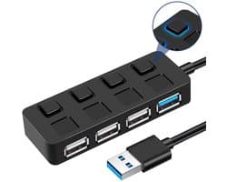 USB 3.0-hub met vier poorten en onafhankelijke schakelaars | 480 Mbps hogesnelheidsoverdracht | Energiebesparing door één druk op de knop | Plug-and-play-compatibiliteit met desktops, laptops, mobiele telefoons, USB-sticks en meer