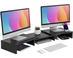 Lomera Dubbele Monitorverhoger - Geschikt Voor 2 Monitoren - Verstelbare Hoek - Mdf Materiaal - Zwart Kleur - Telefoonstandaard - Tabletstandaard - Kabelmanagement - Max. Draagvermogen - Compact Ontwerp - Ruimtebesparend