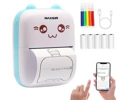 NAXSIR Draadloze Bluetooth Thermische Miniprinter - Multifunctioneel met 5 * Printerpapier en 5 Kleurrijke Pennetjes - Ideaal voor Foto's, Lijsten & Ontvangstbewijzen-blauw