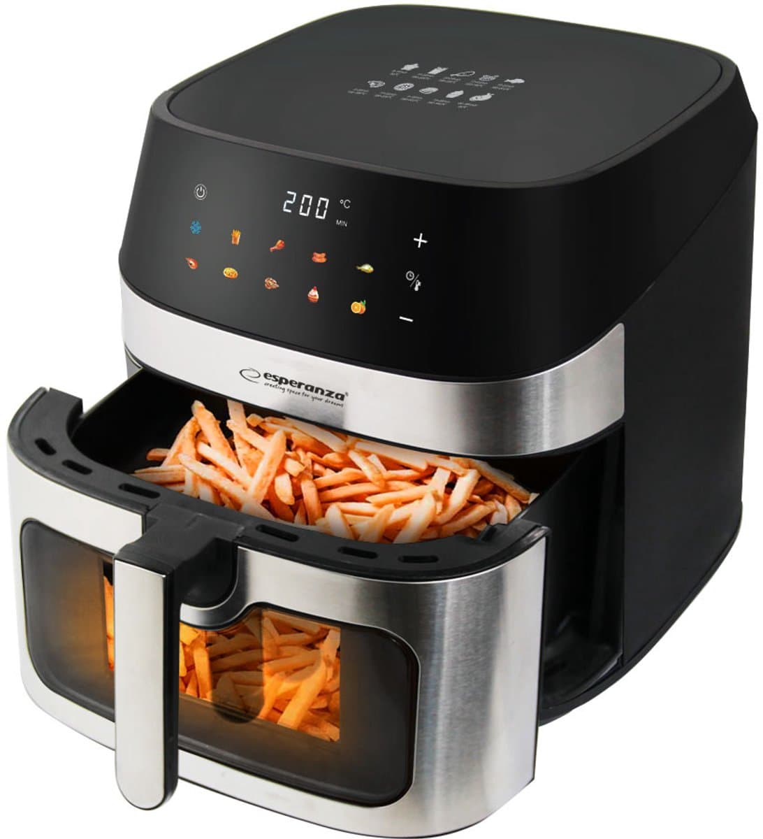 Esperanza Airfryer 8L – Heteluchtfriteuse zonder olie – 10 programma’s – Kijkvenster – Digitale bediening – Zwart — afbeelding 1