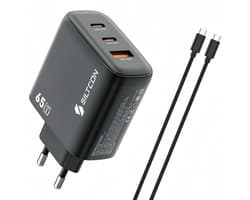Siltcon® 3-in-1 Snellader USB-C 65W - USB C Adapter - Oplader USB-C - 2x USB-C PD 65W - 1x USB-A PD 22.5W - GaN - Universeel o.a. Telefoons, Laptops - 2 Meter 65W USB-C Snellaadkabel