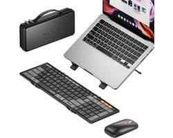Opvouwbaar Bluetooth Toetsenbord en Muis – Draadloos Toetsenbord met Draadloze Muis – Inclusief Laptop Standaard en Luxe Reiskoffer – Multi-Device – Zwart
