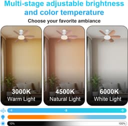 Rosnek Plafondventilator met Verlichting en Afstandsbediening - Ø 52 cm - E27 Aansluiting - 40W LED 3 Kleurtemperaturen Dimbaar - Slaapstand - 2000 Lumen voor Slaapkamer Keuken Woonkamer — thumbnail 3
