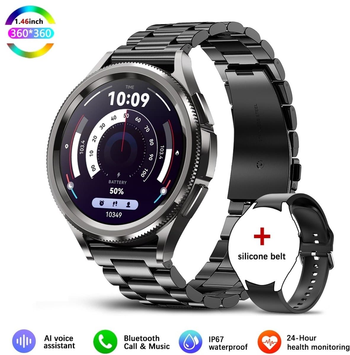 Knobbout Slimme Bluetooth Smartwatch 1.46" Scherm– Full HD Kleuren Display – Hartslag & Bloeddruk & Bloedzuurstof – Bluetooth Bellen, Muziek, AI Spraakbesturing – Vrouwen Gezondheid, Waterdicht – iOS & Android - Zwart staal+silicone horlogebandjes — afbeelding 1