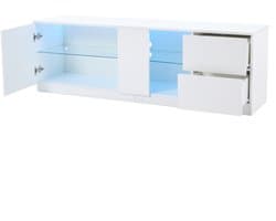 Hoogglans wit dressoir met LED-verlichting – Geschikt voor televisies tot 65 inch – Modern lowboard met opbergruimte en gehard glas-TV-meubel 160 x 40 x 52 cm