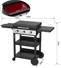 BIGHORN Gas Plancha BBQ met 3 Branders (7,2 kW) – Geëmailleerde Stalen Bakplaat – Grillwagen met Inklapbare Zijtafels – Zwart — thumbnail 2