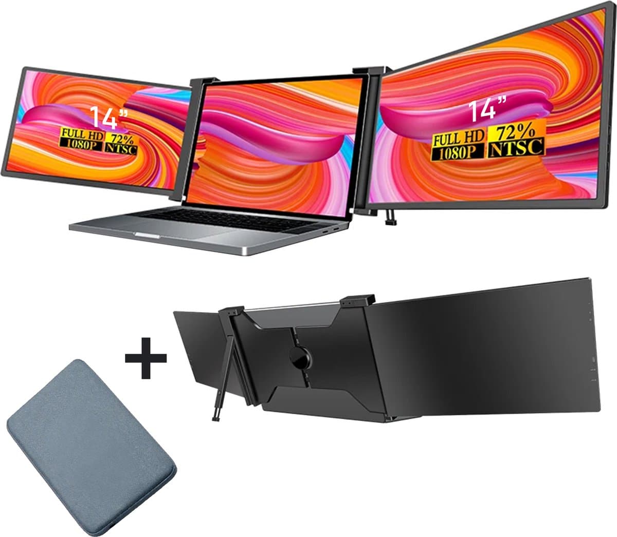 Portable Monitor Pro 2024 - Full HD - 14” / 17,3” - Tri-Screen - Laptop Scherm Uitbreider - Inclusief Beschermhoes en Kabels - Zwart — afbeelding 1