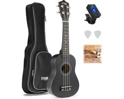 Ukelele set - MAX UKEY - 21 inch Ukulele van hout - Kindergitaar en gitaar voor volwassenen - incl. Ukelele tas, plectrums en stemapparaat - Zwart