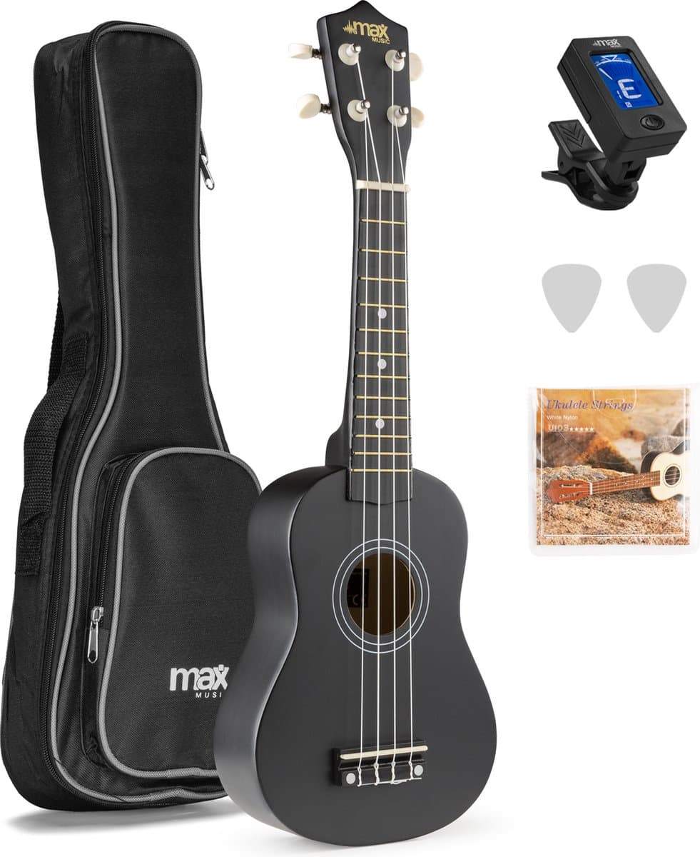 Ukelele set - MAX UKEY - 21 inch Ukulele van hout - Kindergitaar en gitaar voor volwassenen - incl. Ukelele tas, plectrums en stemapparaat - Zwart — afbeelding 1