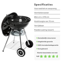 Kogelbarbecue op Wielen - Barbecue - BBQ - Kogelgrill - Houtskoolbarbecue - 46cm Diameter - 78cm Hoogte - 70cm Kookhoogte - Gepoedercoat - Verrijdbaar - Met Voorraadrek - Handgreep - Zwart - Inclusief EBOOK — thumbnail 5