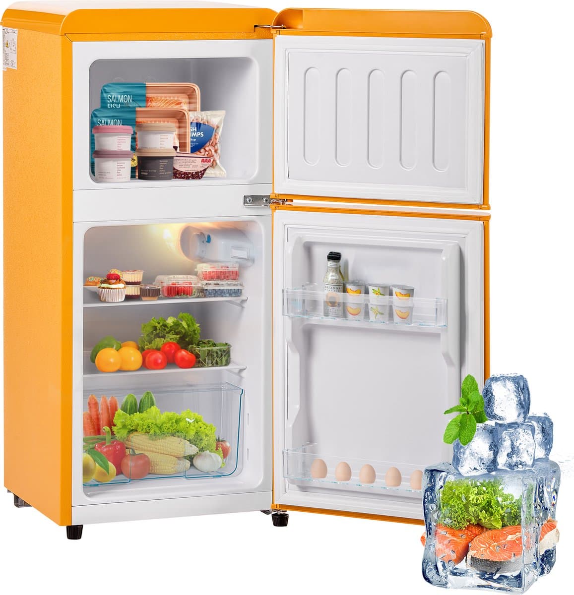 Sweiko Mini koelkast, Koel-vriescombinatie, Retro koelkast, 86.8*45.5 cm, dubbele deur, Totaal volume van 60L, Vrieskamer capaciteit van 22L, 163 kWh/jaar, -27° C~13° C, LED licht, Geel, Energieniveau F — afbeelding 1