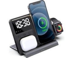 DrPhone FlexiCharge 5-in-1 - Draadloze Oplader - Input 5V3A/9V2A - 15W Max - Led Display / Digitale klok - Batterij Indicator - Geschikt voor alle smartphones met draadloze functie / iOS Smartwatch (serie 1- 8) / Airpods Pro etc- Zwart