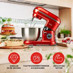 Bourgini Classic Kitchen Chef Keukenmachine - 4.5L Mengkom - Keukenmixer - Keukenrobot - 1300W- Rood — thumbnail 5