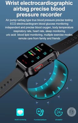 WizBay Premium Select® Smartwatch Dames Heren 1.92inch - Glucose Meting - Airbag Blooddruk - ECG - Urinezuur Bloedlipiden Meting - O2 - Multiple Sport Modi - Message - Alu Mat Zwart Case - Smartwatches - Zwarte TPU Band — thumbnail 1