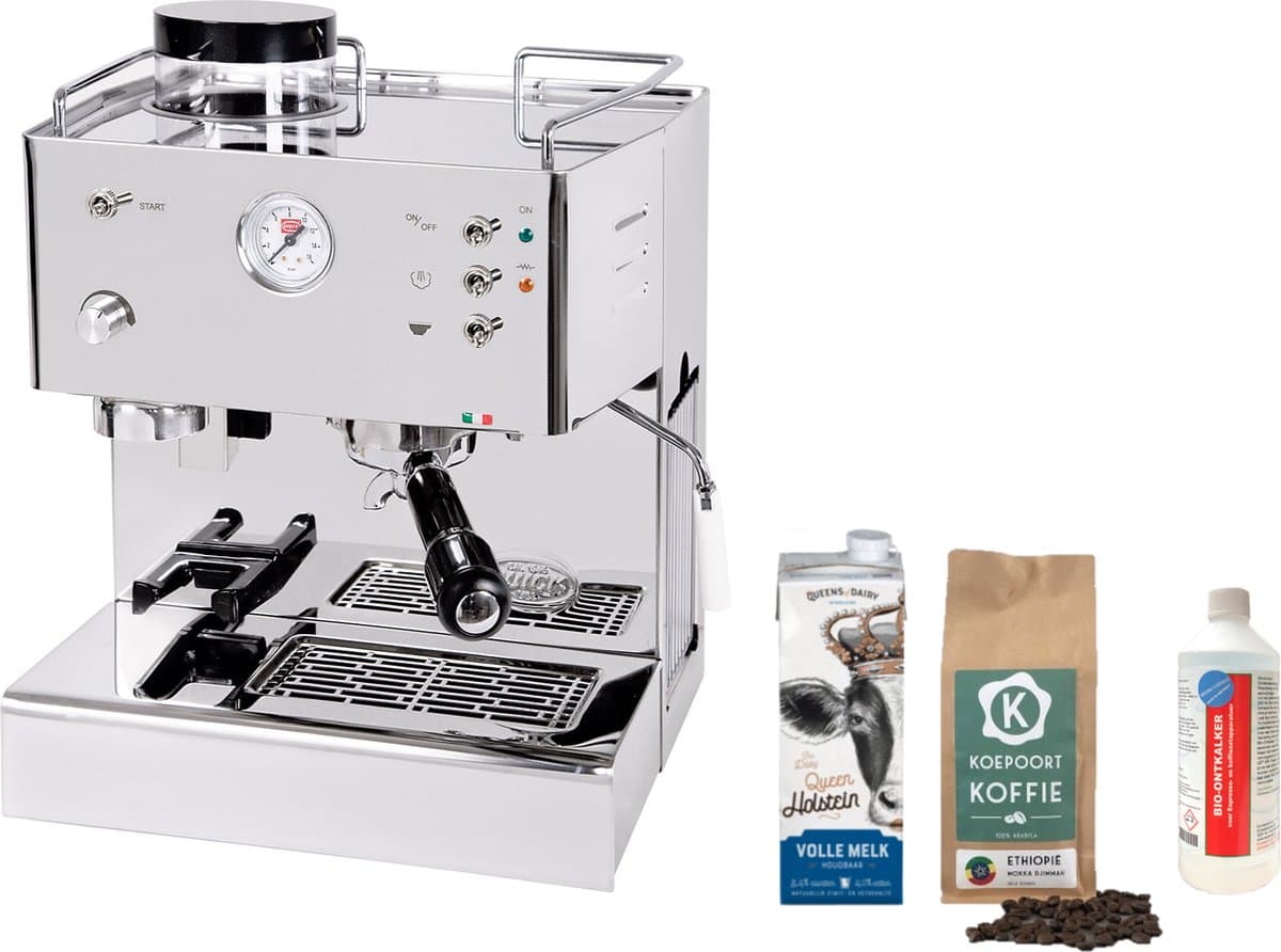 Quick Mill - Quickmill 3035 Pistonmachine / espressomachine met geïntegreerde koffiemolen en gratis Koepoort Koffie baristapakket (Baristamelk, verse koffie en ontkalkingsmiddel) — afbeelding 1