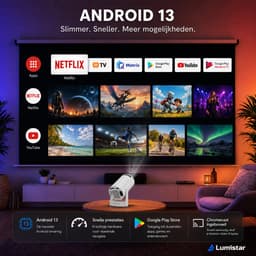Lumistar® Atmos Mini Beamer - Full HD - Alles-in-één Smart TV Projector - 2026 model - Android 13.0 - WiFi 6 & Bluetooth 5.2 - 4k support - Beamer - Home Cinema - Wit — thumbnail 4
