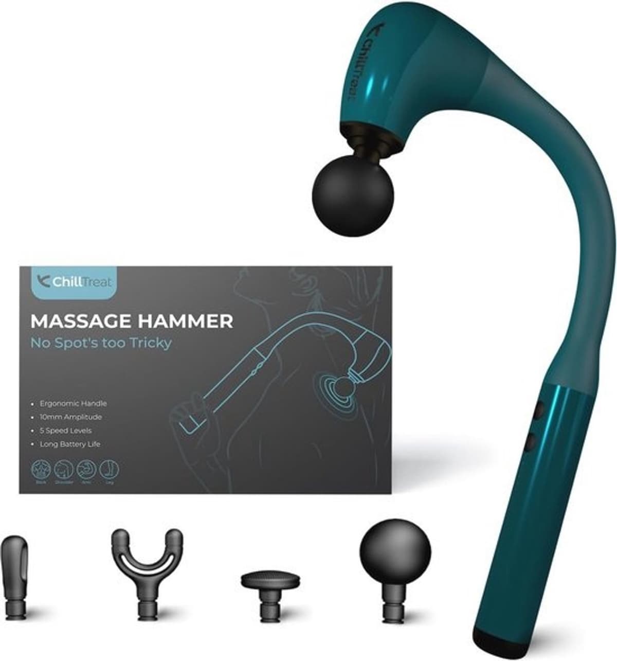 Diepweefselmassagepistool - Voor rug, nek en schouders met verlenghandvat - Stil en 4 massagekoppen — afbeelding 1