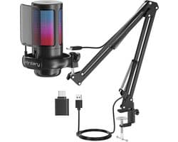 Microfoon met arm - USB - gaming - RGB Condensatormicrofoon - met Mute-Knop, Popfilter, Microfoonarm - Luxe microfoon