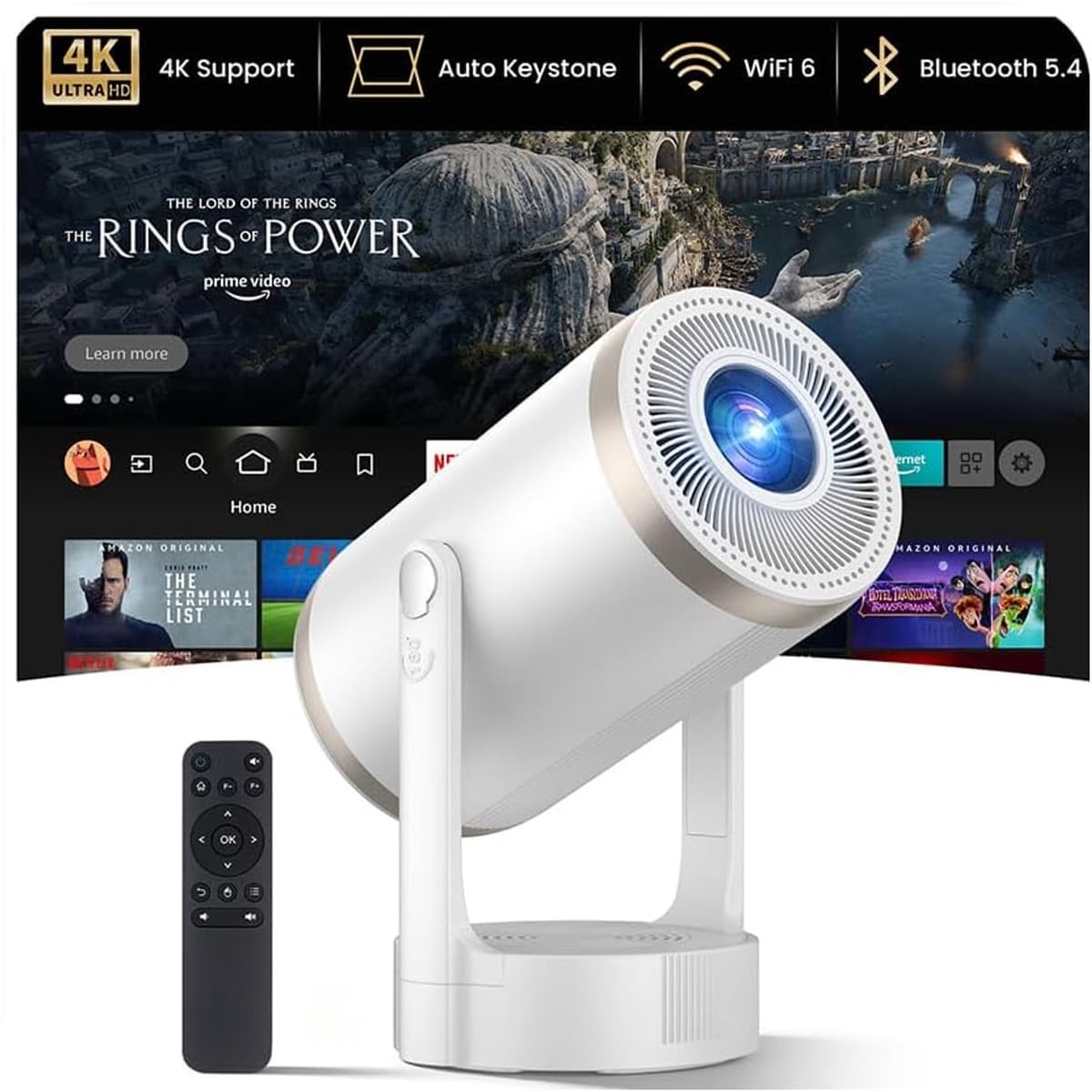 Beamer, ondersteunt 4K 1080P, mini-projector Android 12.0, WiFi, 6, Bluetooth 5.4, 260 lumen, automatische keystone-correctie, 3 installatiemogelijkheden, 180° rotatie voor thuisbioscoop — afbeelding 1