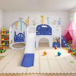 9-in-1 glijbaan voor kinderen jaar, voor binnen en buiten, vrijstaande glijbaan, van polyethyleen met hoge dichtheid en polypropyleen, met schommel, klimladder, tunnel — thumbnail 5