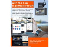 Dashcam voor auto - Zwart - 2,45 inch - Dubbele 1944P Camera met WiFi, GPS en Nachtzicht - Voor Personenauto