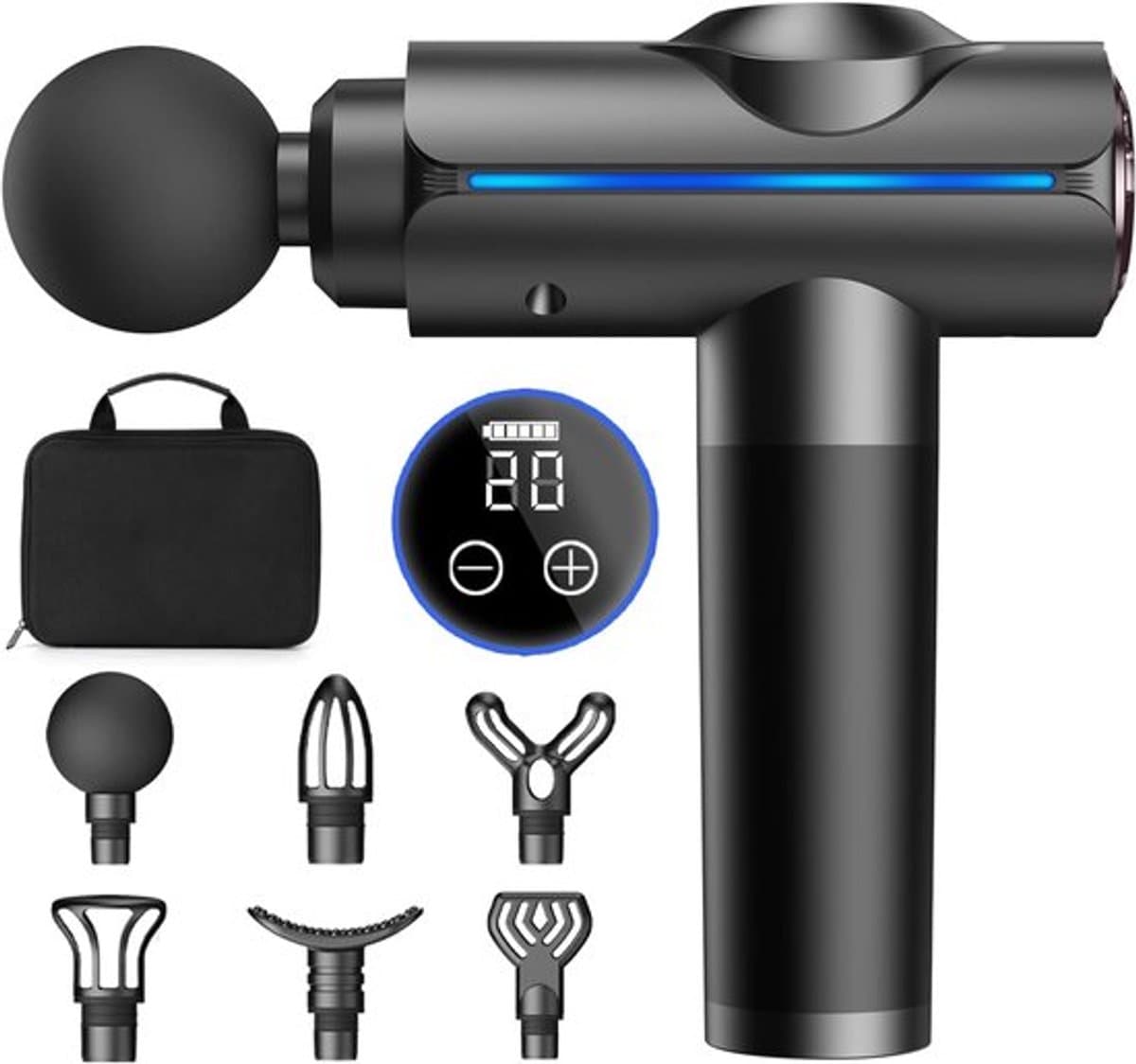 Massagepistool, Deep Tissue Massagepistool, Stille elektrische percussiemassager, Draagbare elektrische spiermassager met draagtas, 20 snelheden en LED-display, Grijs — afbeelding 1