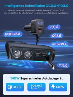 SnelShoppen - Intrekbare Autolader Adapter - 9-in-1 Sigarettenaansteker Splitter 148W 12V/24V QC3.0 USB Auto-Adapter Multi-Socket met Voltmeter voor T — thumbnail 2
