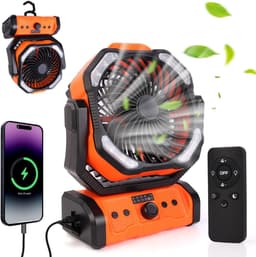 20000 mAh USB-campingventilator met LED-verlichting, draagbare oplaadbare bureau-/tentventilator met afstandsbediening en haak, 270° draaibare kop voor vissen en als windscherm. — thumbnail 1