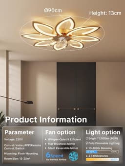 Ventilator Plafondlamp - Licht met Ventilator - Comfort Verhogend - App en Afstandsbediening - 90 cm Diameter - Goud — thumbnail 4
