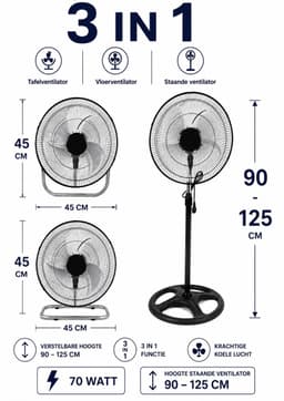 3-in 1 staande ventilator-45cm-70W-aanpasbaar 90cm tot 125cm.krachtig. Binnen. Zomer — thumbnail 3