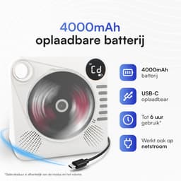 Retro CD Speler met Bluetooth - Draagbare CD Speler met HiFi Speakers - USB - AUX - Oplaadbaar - Vintage Muziekspeler Wit — thumbnail 3