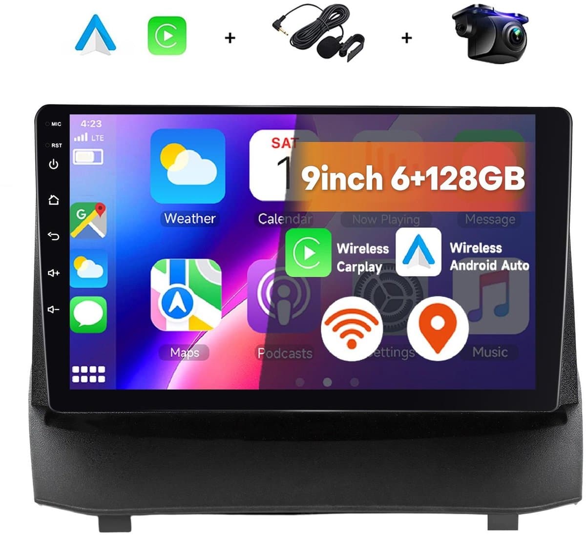Boscer 2 Din Autoradio - Geschikt voor Ford Fiesta (2009-2014) - Draadloos Apple CarPlay & Android Auto - 9 Inch HD Touchscreen - Android 15 - 6+128GB - GPS Navigatie - WiFi, Bluetooth & USB - Achteruitrijcamera & Microfoon — afbeelding 1