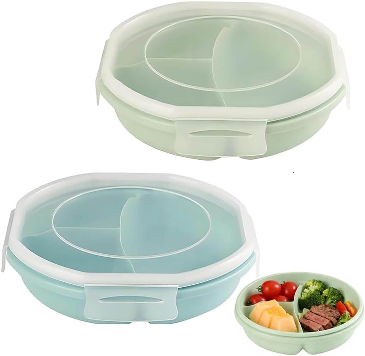 SnelShoppen - Set van 2 Magnetron Borden met Deksel, Magnetron Servies met Ventilatie, Voedselopslagbox met 3 Compartimenten, Ideaal voor Koelkast en — afbeelding 1