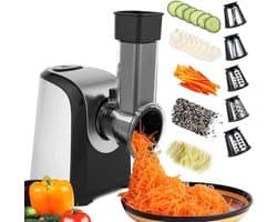 Elektrische Groentesnijder - Keukenmachine Rasper - Snel Groenten Snijden - Vijf Inclusief Kegels - 150 Watt Vermogen - Zilver Zwart
