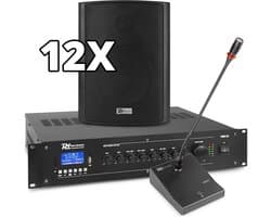 Power Dynamics complete 100V muziekinstallatie / omroepinstallatie met 12 speakers, 120W Bluetooth versterker en kabels - Compleet pakket!