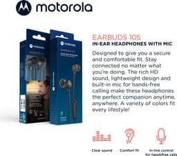 Motorola Oordopjes met Draad 105 - Oordopjes met Microfoon - In-Ear Oordopjes - Incl. 6 Siliconen Oordoppen in S, M en L - In-Line Microfoon - Kristalhelder Geluid - Zwart — thumbnail 2