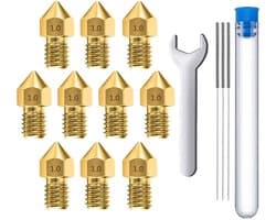 MMOBIEL 10 stuks 1.0mm Messing MK8 3D Printer Nozzles Extruder Incl. 3 reinigingsnaalden