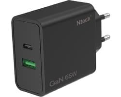 Ntech - USB C Adapter 65W en USB-A 18W - USB C Oplader Zwart - USB C Snellader - USB C Lader - Universeel o.a. Telefoons & Laptops