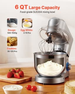 Keukenmachine - Standmixer en Deegmixer - 1500 W - RVS Kom 6 L + Mengkom 1,5 L - 6 Snelheden + Pulse - Deeghaak, Garde en Klopper — thumbnail 5
