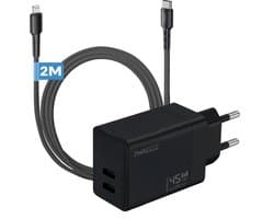 Phreeze Power Delivery snellader geschikt voor iPhone 14 13 12 11 - Geschikt voor Lightning kabel 2 meter - GaN snel oplader met 2 poorten