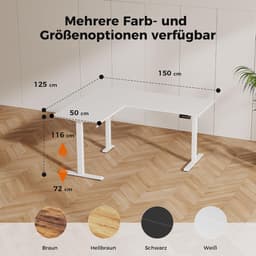 Elektrisch In Hoogte Verstelbaar L-Vormig Bureau 150x125 cm – Ergonomisch Hoekbureau met Geheugenfuncties & Anti-Botsing – Zit-Sta Computertafel met Stil Motor – Modern Wit Houten Design – HomeByNicole — thumbnail 3