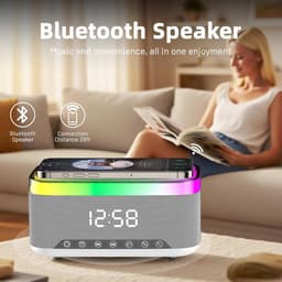Bluetooth speaker met draadloos opladen en digitale klok, LED display, 15W Qi opladen, 2x10W speaker, 6 sfeerlampen, BT5.3/AUX/TF/USB-wit — thumbnail 4