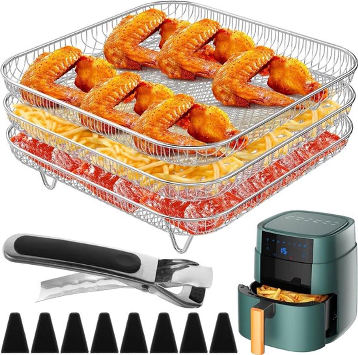 3-laags Airfryer-rek ,Vierkant Airfryer-grillrek, RVS grill-dehydratorrek ,Stapelbaar Airfryer-mandje, met 8 siliconen voetjes 1 anti — afbeelding 1