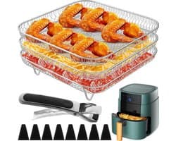 3-laags Airfryer-rek ,Vierkant Airfryer-grillrek, RVS grill-dehydratorrek ,Stapelbaar Airfryer-mandje, met 8 siliconen voetjes 1 anti