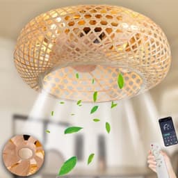 Bamboe Lampenkap Plafondventilator met Verlichting en Afstandsbediening - Stil Plafondlicht met 6 Snelheden en Omkeerbare Rotatie - Rieten Hanglamp voor Slaapkamer, Woonkamer en Keuken — thumbnail 5