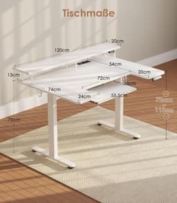 Elektrisch verstelbaar U-vormig bureau 120x74 cm, sta-zittafel met monitorstandaard, USB-poorten en stopcontacten, RGB LED-verlichting, ergonomisch kantoor- en gamingbureau – HomeByNicole — thumbnail 5